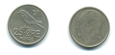 Норвегия 25 эре 1973 Улаф V (1958-1991), синица KM 407 медно-никель 4364-953