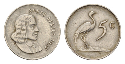 ЮАР 5 центов 1967 Ян ван Рибек (1619-1677), South Africa, легенда на англинском, райский журавль KM 67.1 медно-никель 4643-119