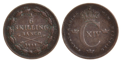 Швеция 1/6 скиллинга 1843 Карл XIV Юхан (1818-1844) KM 639 медь 633-111