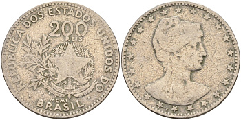 Бразилия 200 рейс 1901 голова свободы вправо KM 504 медно-никель 4589-1055