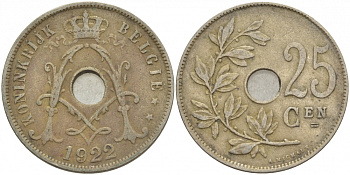 БЕЛЬГИЯ 25 САНТИМОВ 1922 BELGIE KM 69 медно-никель 4529-1125