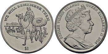 Британские Виргинские острова 1 доллар 2014 в память героев первой мировой войны, солдат верхом на верблюде KM NEW медно-никель UNC 58-914