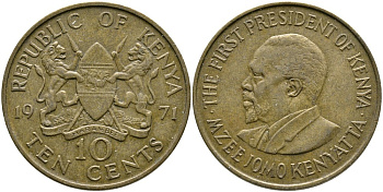 Кения 10 центов 1971 Джомо Кениата KM 11 никель латунь 4526-1125