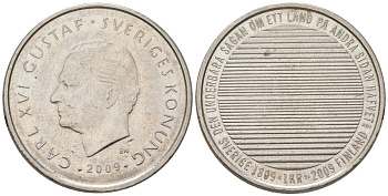 Швеция 1 крона 2009 SI, 200 лет разделению Финляндии и Швеции, Карл XVI Густав (1973-) KM 916 медно-никель 4561-435