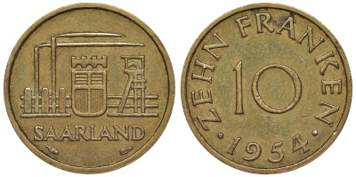 Саарланд 10 франков 1954 индустрия KM 1 алюминиевая бронза 4119-855