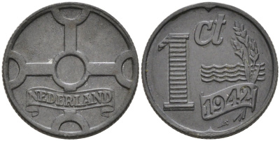 Нидерланды 1 цент 1942 Вильгельмина (1890-1948) KM 170 цинк 4576-744