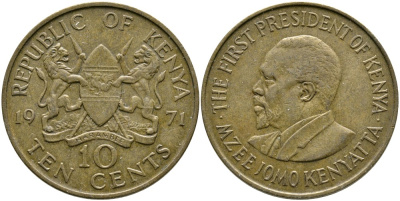 Кения 10 центов 1971 Джомо Кениата KM 11 никель латунь 4526-1125