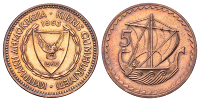 Кипр 5 милей 1963 KM 39 бронза 202-523