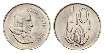 ЮАР 10 центов 1965 Ян ван Рибек (1619-1677), Suid Africa, легенда на африкаанс, цветок алоэ KM 68.2 никель UNC 4685-769