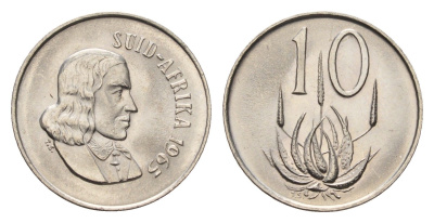 ЮАР 10 центов 1965 Ян ван Рибек (1619-1677), Suid Africa, легенда на африкаанс, цветок алоэ KM 68.2 никель UNC 4685-769