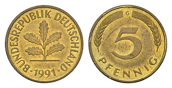 ФРГ 5 пфеннигов 1991 G KM 107, J. 382 сталь плакированная латунью 206-259