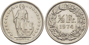 Швейцария 1/2 франка 1974 KM 23а.1 медно-никель 66-422
