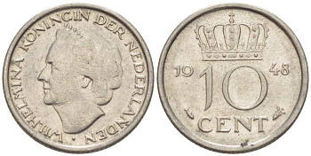Нидерланды 10 центов 1948 Вильгельмина (1895-1948) KM 177 никель 3309-351