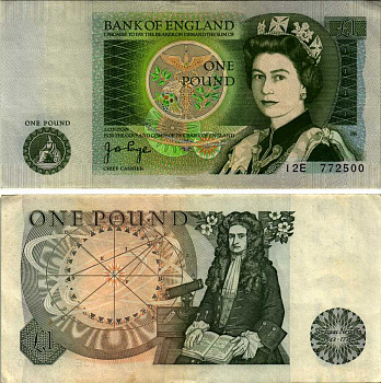 Англия 1 фунт ND (1978-1984) сэр Исаак Ньютон, зеленая подпись J.B. Page Pick 377 а бумага VF-XF 8518-29-3-2