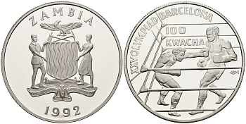 Замбия 100 квача 1992 XXV олимпийские игры в Барселоне 1992 года, бокс KM 28 серебро PROOF 1078-7-33