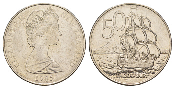 Новая Зеландия 50 центов 1985 Елизавета II (1952-2022), парусник Индевор KM 37 медно-никель 189-1125