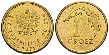 Польша 1 грош 2021 MW KM 923 сталь плакированная латунью 4585-124