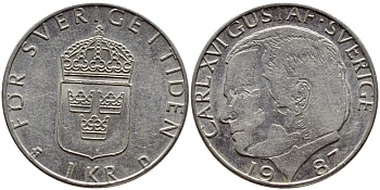 Швеция 1 крона 1987 Карл XVI Густав (1973- ) KM 852a медно-никель 4397-1213