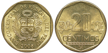 Перу 20 сентимо 2008 KM 306.4 латунь aUNC 4605-443