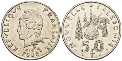 Французская Новая Каледония 50 франков 2000 хижина среди сосен и пальм, (IEOM) KM 13, Schoen 15, Lec 121 никель 4123-821