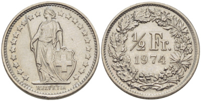 Швейцария 1/2 франка 1974 KM 23а.1 медно-никель 66-422