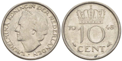 Нидерланды 10 центов 1948 Вильгельмина (1895-1948) KM 177 никель 3309-351