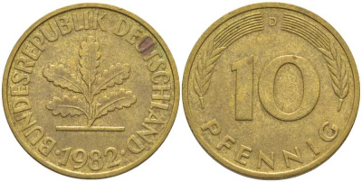 ФРГ 10 пфеннигов 1982 D KM 108, J. 383 сталь плакированная латунью 175-751