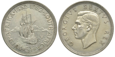 ЮАР 5 шиллингов 1952 Георг VI (1937-1952), 300 лет основания Кейптауна, парусник KM 41 серебро 603-141