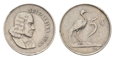 ЮАР 5 центов 1965 Ян ван Рибек (1619-1677), Suid Africa, легенда на африкаанс, райский журавль KM 67.2 медно-никель 4640-1117