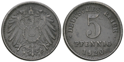 Германия 5 пфеннигов 1920 J KM 19, J. 297 железо 4164-662