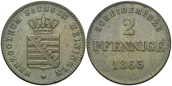 Саксен-Мейнинген 2 пфеннига 1863 Бернгард II (1803-1866) KM 171 медь 99-638
