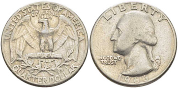 США 25 центов (квотер) 1966 Вашингтон KM 164а медь плакированная медно-никелем 117-254