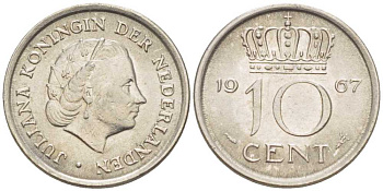 НИДЕРЛАНДЫ 10 ЦЕНТОВ 1967 ЮЛИАНА (1948-1980) KM 182 никель 214-1226