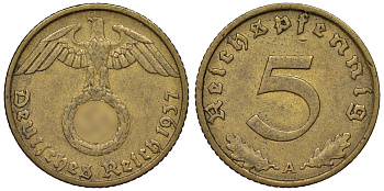 Германия 5 рейхспфеннигов 1937 A KM 91, J. 363 алюминиевая бронза 4121-647