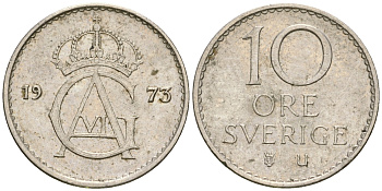 Швеция 10 эре 1973 U, Густав VI Адольф (1950-1973) KM 835 медно-никель 4364-3616