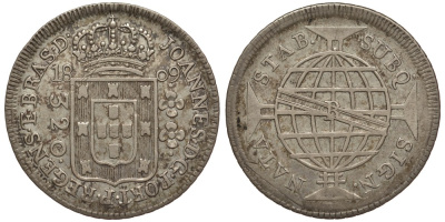 Бразилия 320 рейс 1809 В, Принц регент Жуан VI Бразильский (1799-1818), красивый перечекан KM 255.1 серебро 00-000-00