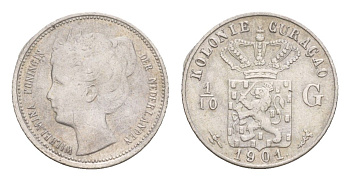 Нидерландское Кюрасао 1/10 гульдена 1901 Вильгельмина, год-тип KM 36 серебро 1518-511