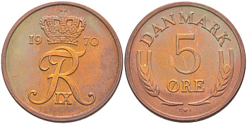 ДАНИЯ 5 ЭРЕ 1970 C; S, ФРЕДЕРИК IX (1947-1972) KM 848.1 бронза UNC 106-223
