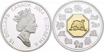 Канада 15 долларов 2004 Лунный календарь, год обезьяны, золотая вставка, KM 610 серебро позолота PROOF 1082-2-63