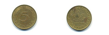 ФРГ 5 ПФЕННИГОВ 1989 G KM 107, J. 382 сталь плакированная латунью 54-2334