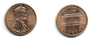 США 1 цент 1999 Авраам Линкольн KM 201b цинк плакированный медью UNC 4364-316