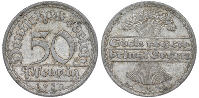 Германия 50 пфеннигов 1920 A KM 27, J. 301 алюминий 4163-416