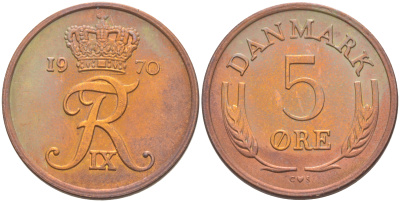 ДАНИЯ 5 ЭРЕ 1970 C; S, ФРЕДЕРИК IX (1947-1972) KM 848.1 бронза UNC 106-223