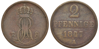 Ганновер 2 пфеннига 1847 A, Эрнст Август (1837-1851) KM 202.2, AKS 125, J. 75 медь 75-1857