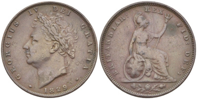 Великобритания 1 фартинг 1829 Георг IV (1820-1830) KM 697, Spink 3825 медь 4543-822