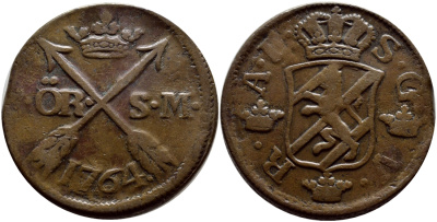 Швеция 2 эре 1764 DOT AFTER V. S.G.-V Адольф Фредерик (1751-1771) KM 461 медь 1528-845