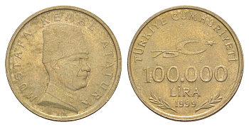 Турция 100000 лир 1999 Кемаль Ататюрк KM 1078 медь цинк никель 4648-927