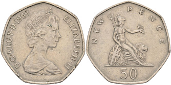Великобритания 50 пенсов 1969 Елизавета II (1952-2022) KM 913, Spink 4223 (H1) медно-никель 4117-933