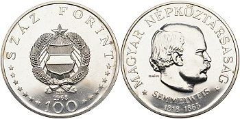 Венгрия 100 форинтов 1968 150 лет со дня рождения Игнаца Земмельвейса KM 584 серебро UNC 1095-5-33