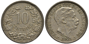 ЛЮКСЕМБУРГ 10 САНТИМОВ 1901 ВЕЛИКИЙ ГЕРЦОГ АДОЛЬФ (1890-1905) КМ 25 медно-никель 4538-655